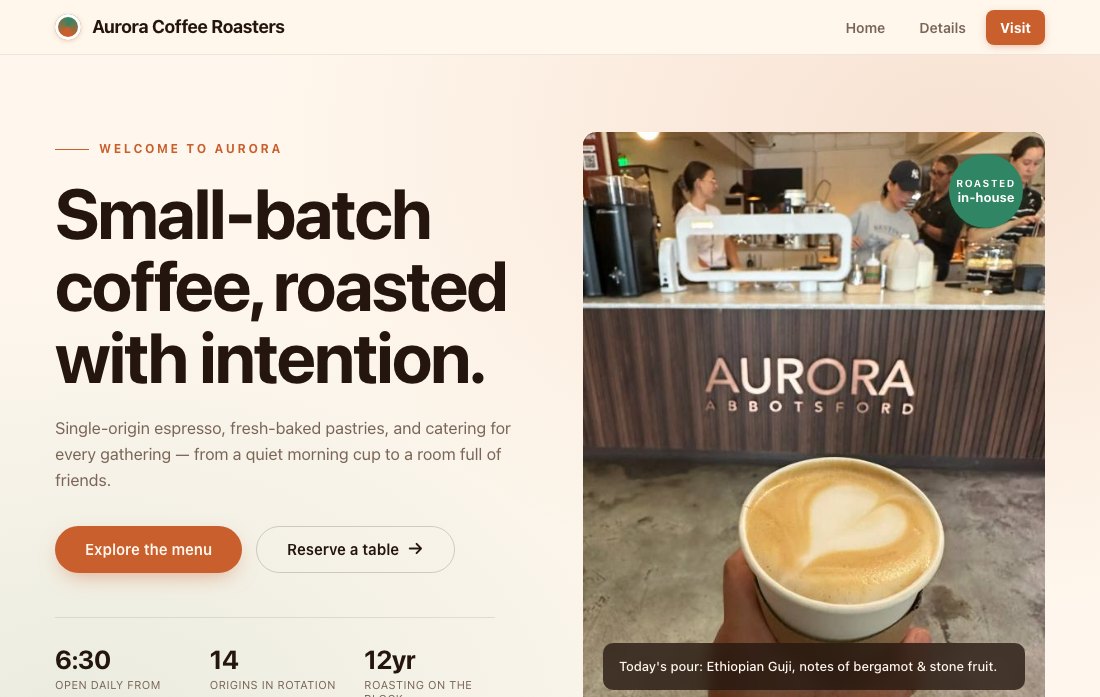 Live frame of an AI-made Aurora Coffee Roasters landing page
