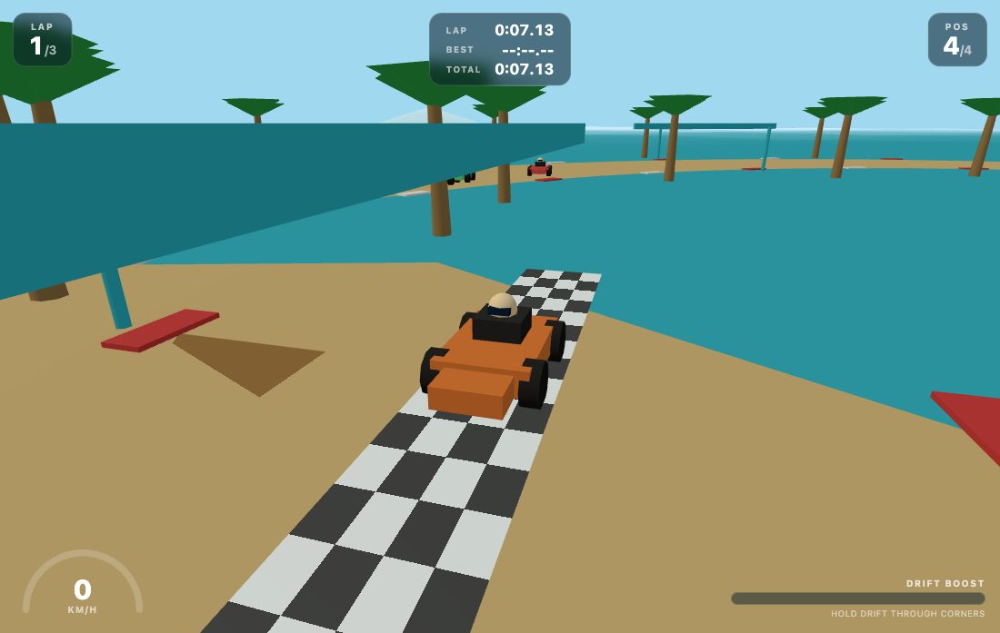 A real frame of A kart racer on a beach circuit, living in a note.