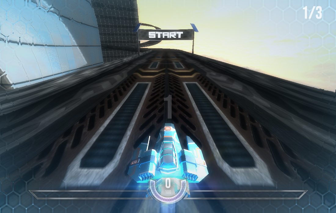A real frame of HexGL: a racing ship on the start grid