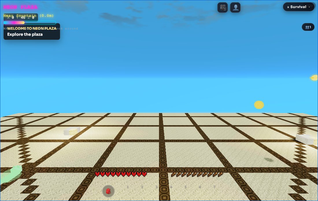 A real frame of the shared neon plaza world